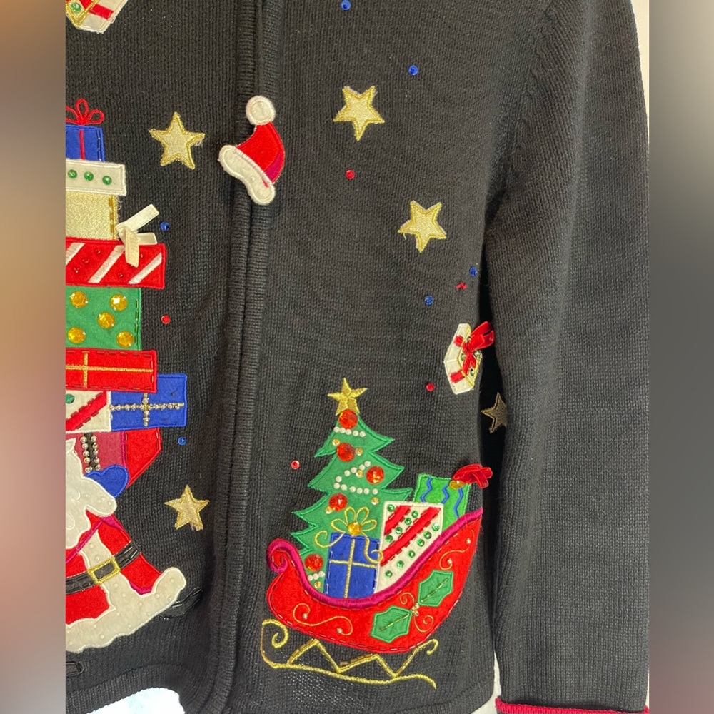 VTG Tiara Int'l M Black Ugly Christmas Sweater Zipper Cardigan Santa Embroidered - Picture 6 of 11